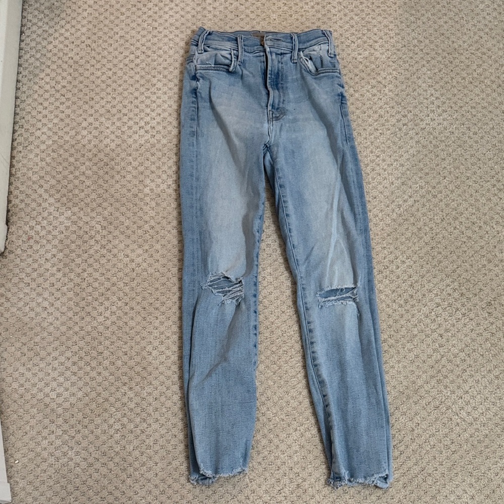 MOTHER High-Rise Distressed Light Blue Skinny Jeans